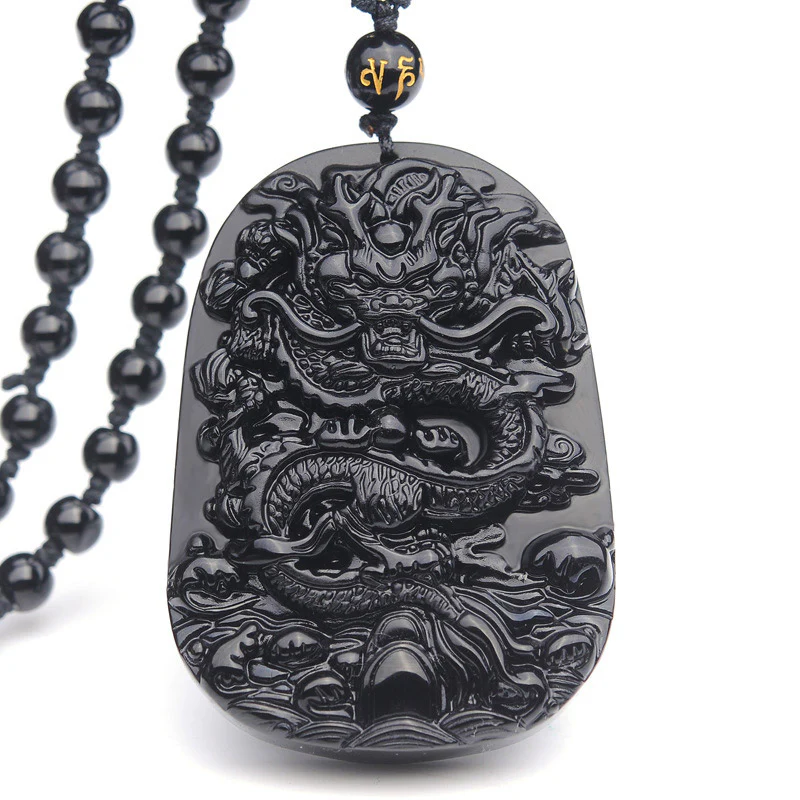 Mocoer Black Obsidian Stone Dragon Fulfilment Pendant Necklace - Mocoer