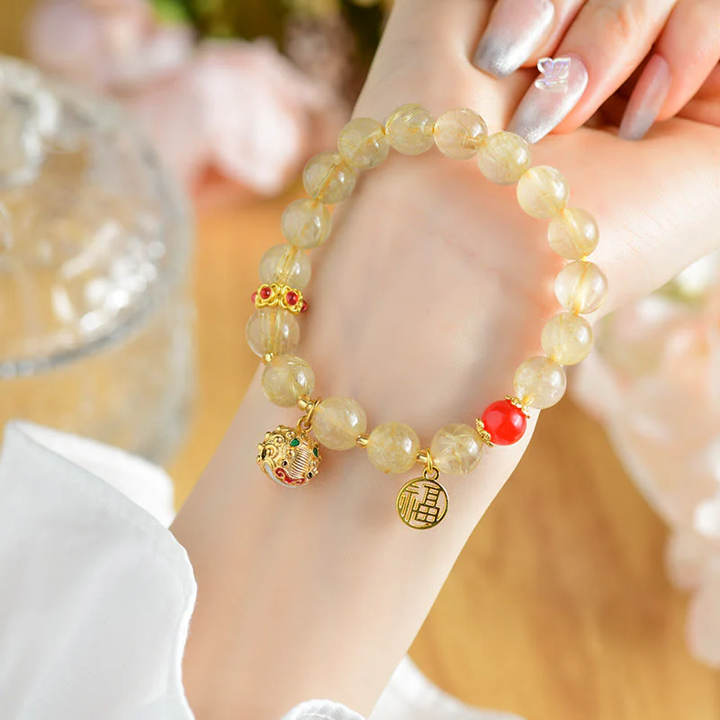 Mocoer Natural Golden Rutilated Quartz Fu Character Charm Bell Wealth Bracelet - Mocoer