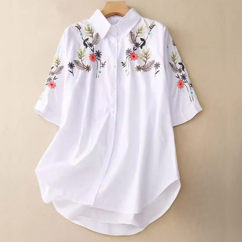 Mocoer Summer Solid Color Embroidery Plants Flower Three Quarter Sleeve Lapel Button Cotton Women's Shirt - Mocoer