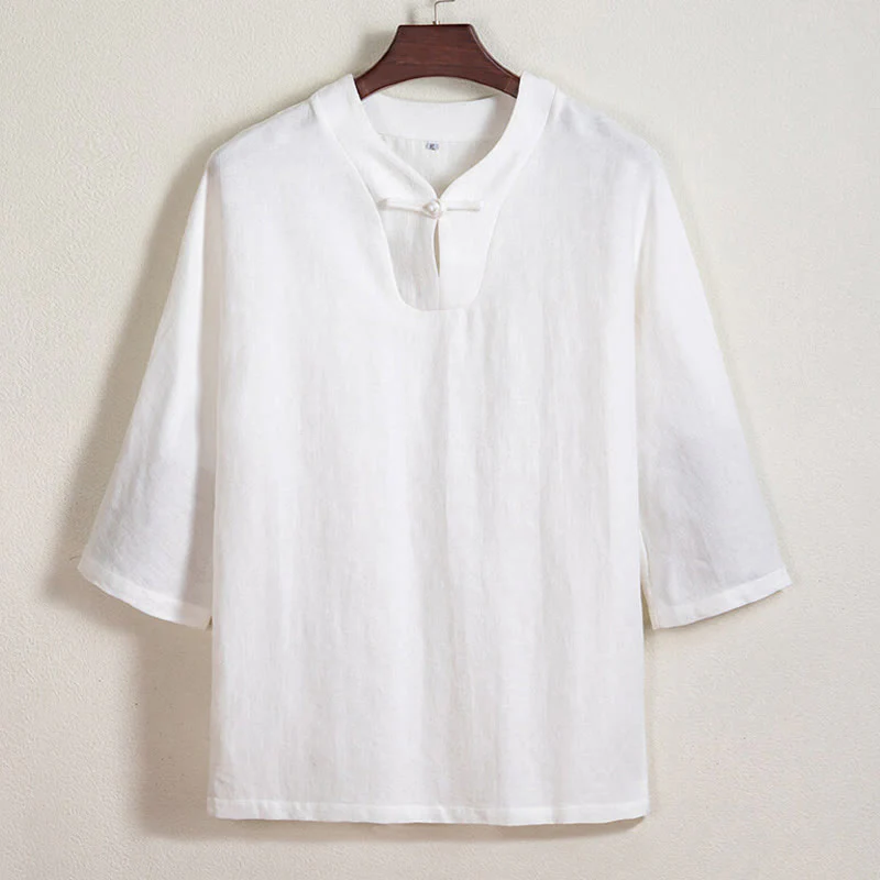 Mocoer White Frog-button Linen Three Quarter Sleeve Men's Shirt - Mocoer