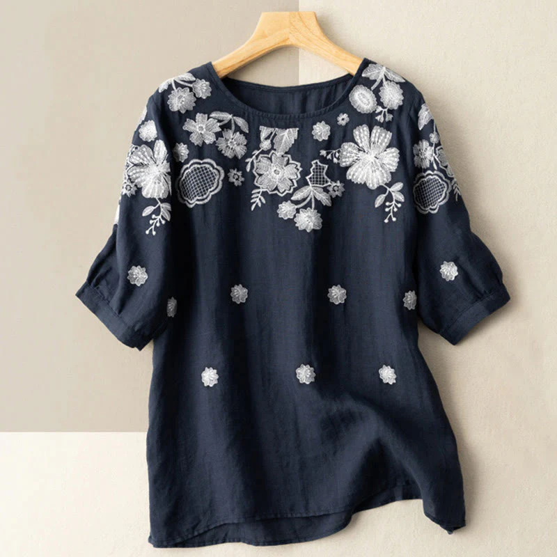 Mocoer Casual Embroidered Petals Women's Crew Neck Design Half Sleeve Cotton T-Shirt - Mocoer