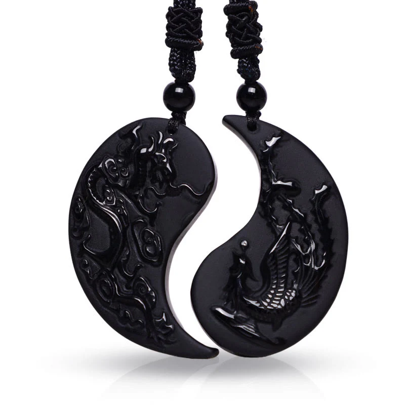 Mocoer Black Obsidian Yin Yang Dragon Phoenix Luck Necklace Pendant - Mocoer