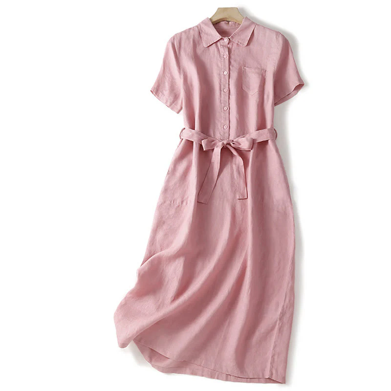 Mocoer Summer Lace-up Plain Short Sleeve Cotton Midi Dress With Pockets - Mocoer