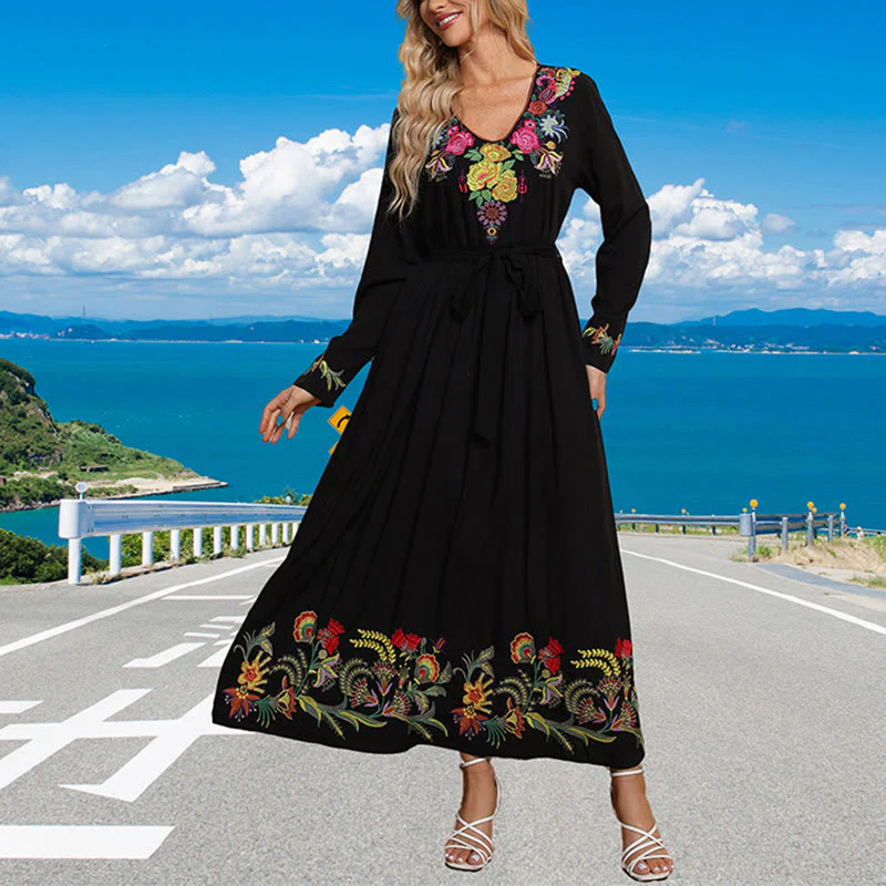 Mocoer Black Solid Color Loose Ethnic Embroidery Floral Pattern Cotton Maxi Dress - Mocoer