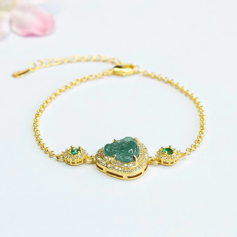 Mocoer Laughing Buddha Green Jade Zircon Luck Chain Bracelet - Mocoer