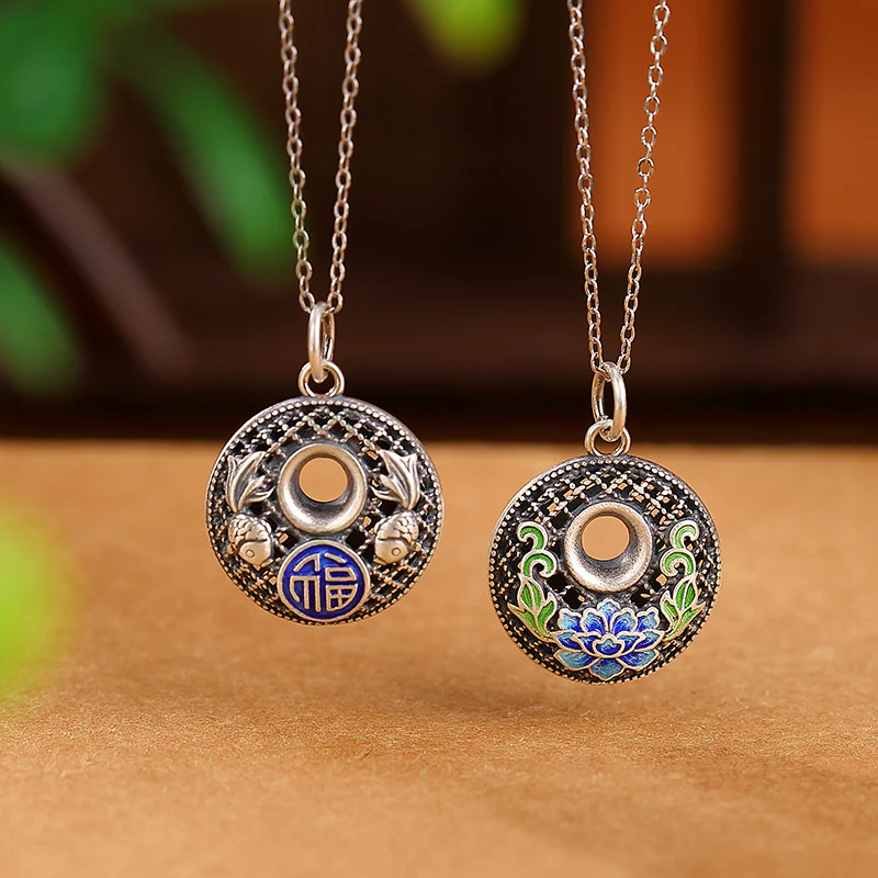 Mocoer 999 Sterling Silver Koi Fish Fu Character Lotus Peace Buckle Wealth Necklace Pendant - Mocoer
