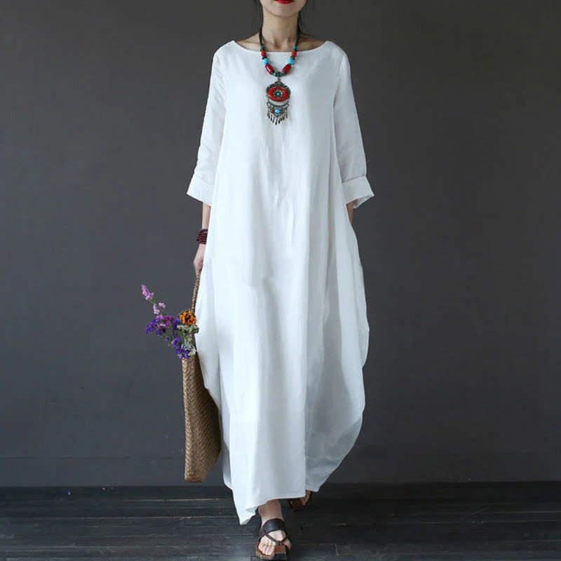 Mocoer Solid Color Three Quarter Sleeve Cotton Linen Women's Maxi Dress - Mocoer