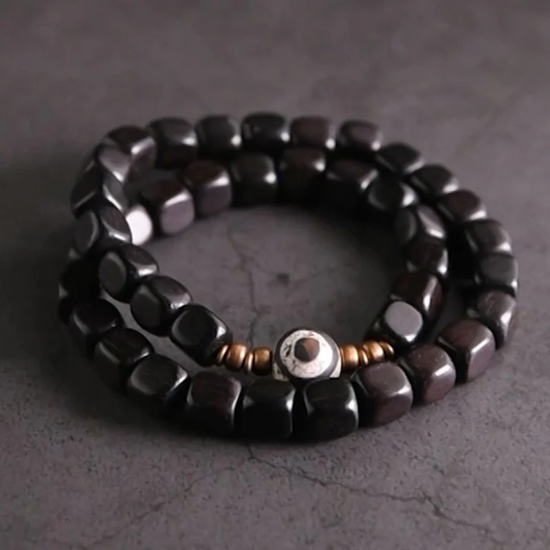 Mocoer Ebony Wood Dzi Bead Copper Peace Couple Bracelet - Mocoer