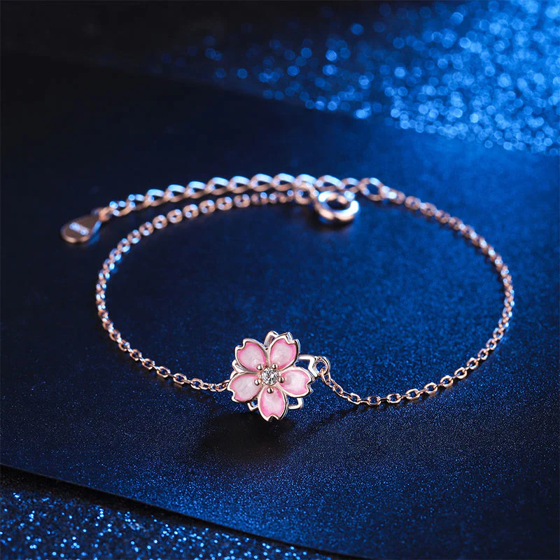Mocoer 925 Sterling Silver Cherry Blossom Blessing Chain Bracelet Rotatable Ring - Mocoer