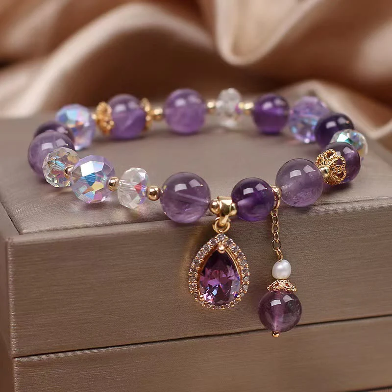 Mocoer Natural Amethyst Zircon Love Heart Healing Soul Charm Bracelet - Mocoer