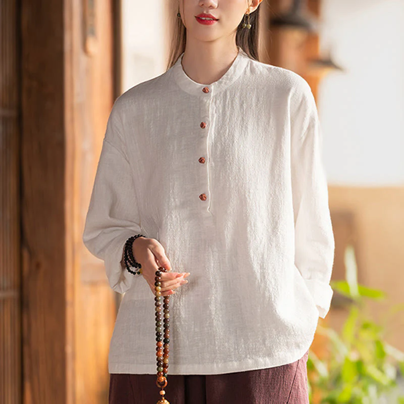 Mocoer Solid Color Loose Button Blouse Long Sleeve Shirt Top - Mocoer