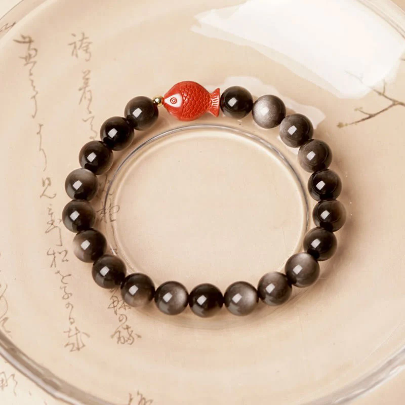 Mocoer Natural Silver Sheen Obsidian Cinnabar Koi Fish Soothing Protection Bracelet - Mocoer