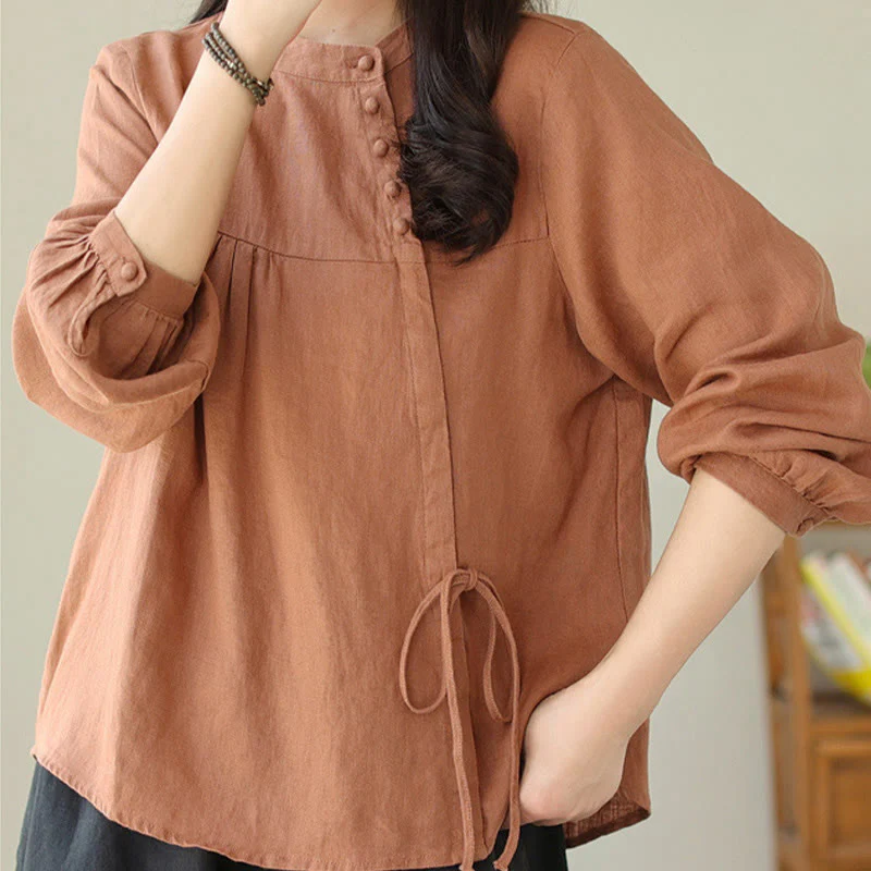 Mocoer Fall Casual Solid Color Stand Collar Long Sleeve Cotton Linen Women's Shirt - Mocoer