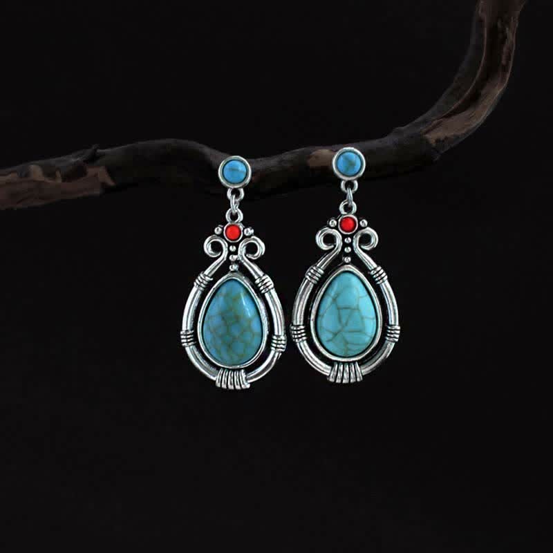 Mocoer Tibet Vintage Turquoise Waterdrop Strength Drop Dangle Earrings Clips - Mocoer