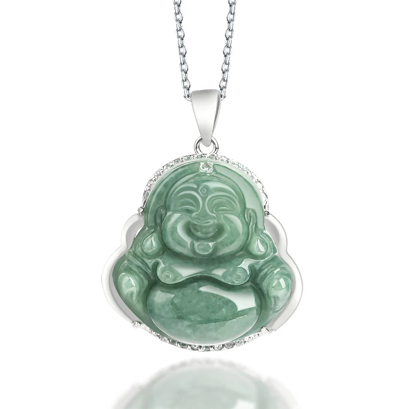 Mocoer 925 Sterling Silver Laughing Buddha Jade Abundance Necklace Chain Pendant - Mocoer