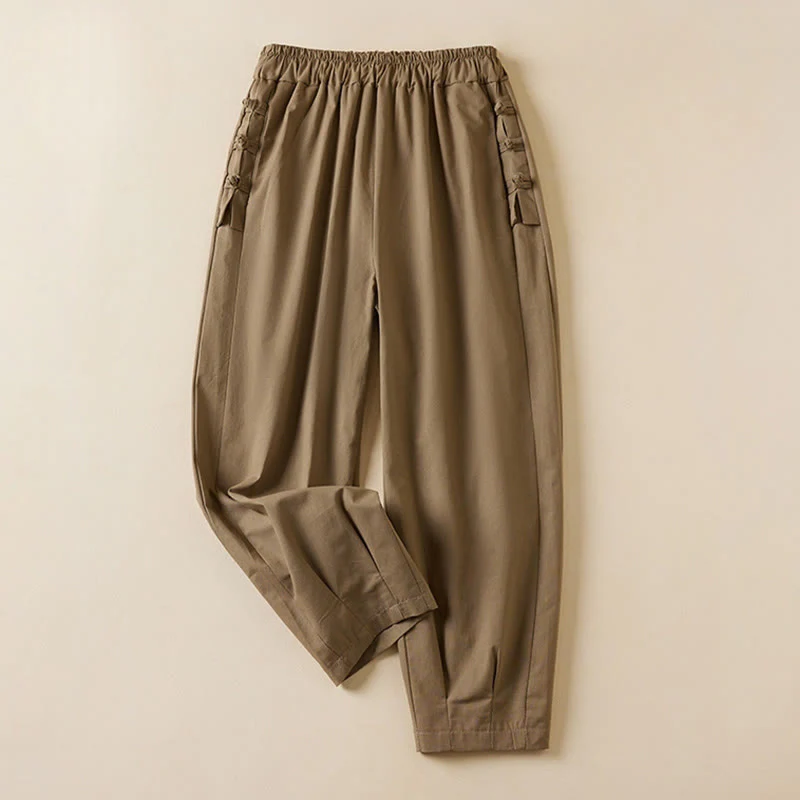 Mocoer Casual Plain Frog-Button 7-8 Length Cropped Pants Women's Cotton Linen Harem Pants With Pockets - Mocoer