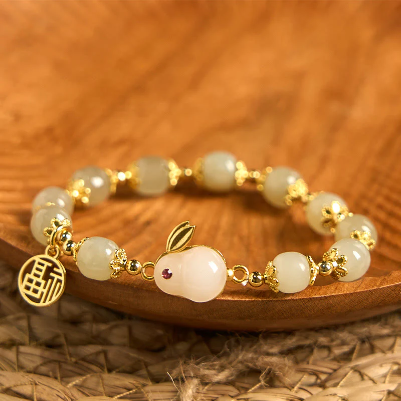 Mocoer Natural Hetian Jade Fu Character Fu Brand Rabbit Abundance Bracelet - Mocoer