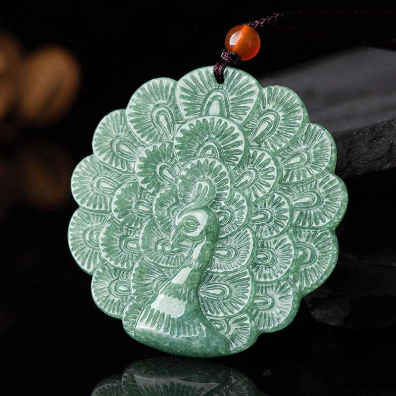 Mocoer Natural Jade Peacock Luck Prosperity Necklace Pendant - Mocoer