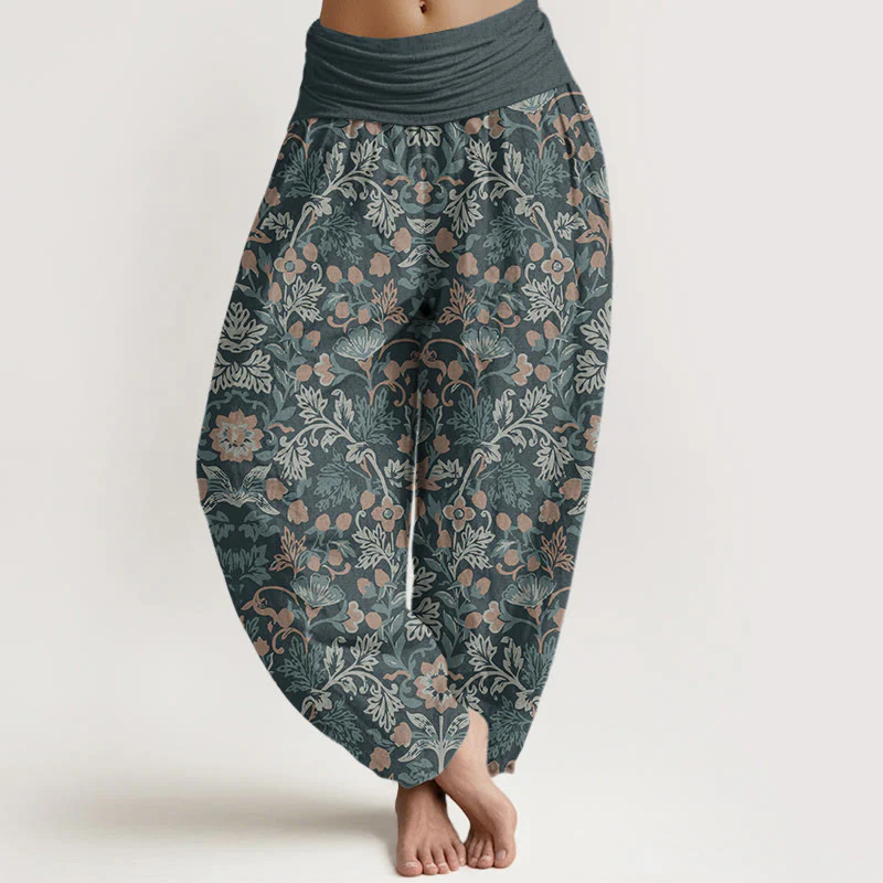 Mocoer Pure Cotton Casual Flower Vine Leaves Pattern Women's Elastic Waist Harem Pants - Mocoer