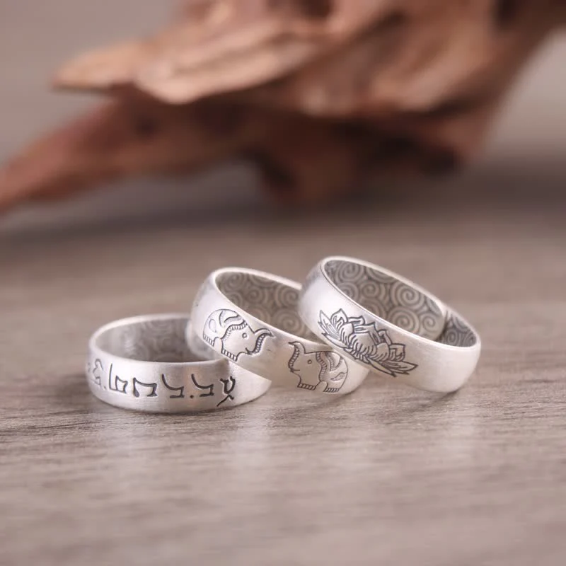 Mocoer 999 Sterling Silver Lotus Elephant Six True Words Blessing Ring - Mocoer