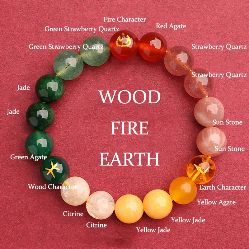 Mocoer Five Elements Various Agate Crystal Green Strawberry Quartz Sun Stone Wealth Bracelet - Mocoer