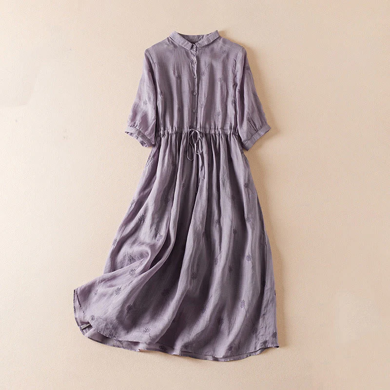 Mocoer Summer Dandelion Embroidery Half Sleeve Cotton Midi Dress With Pockets - Mocoer