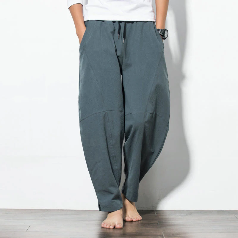 Mocoer Casual Men's Solid Color Linen Drawstring Pants With Pockets - Mocoer