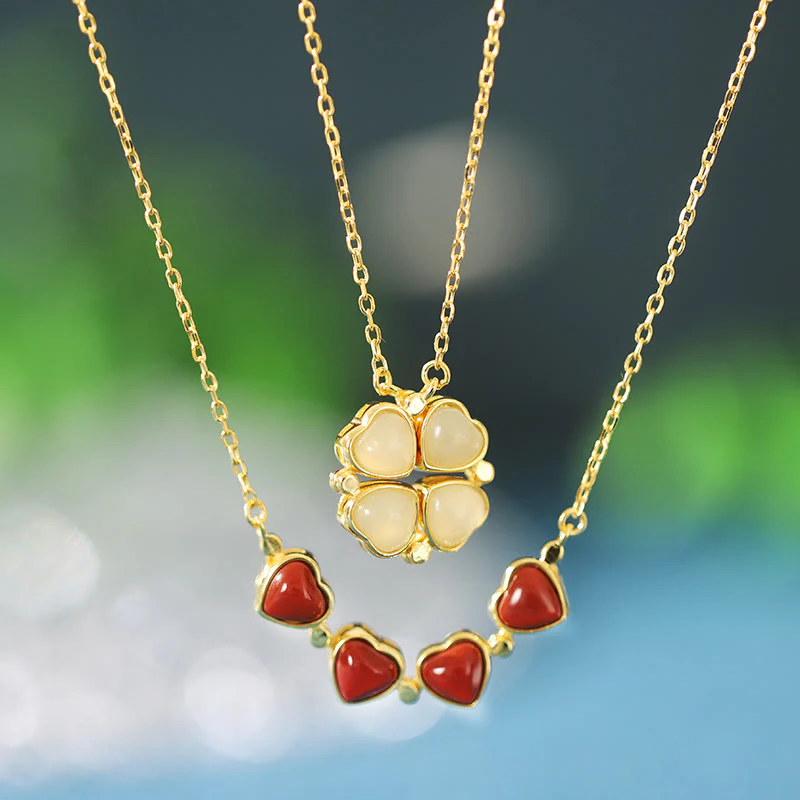Mocoer 925 Sterling Silver Four Leaf Clover White Jade Red Agate Abundance Necklace Pendant - Mocoer