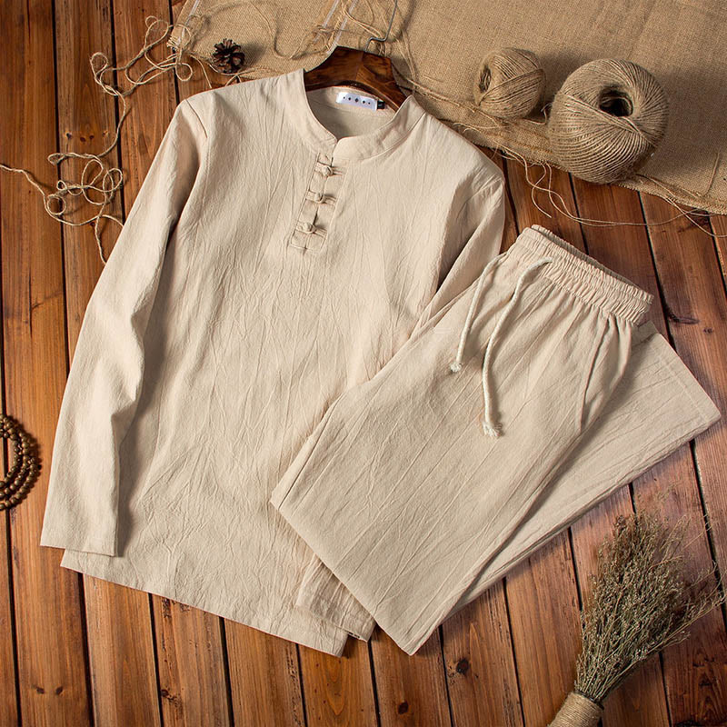 Mocoer Pure Color Cotton Linen Long Sleeve Top Pants Clothing Men's Set - Mocoer