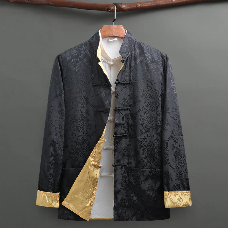 Mocoer Men's Frog-Button Tang Suit Koi Fish Pattern Long Sleeve Jacket Shirt With Pockets - Mocoer