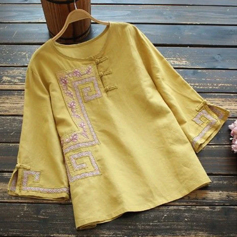 Mocoer Vine Embroidery Frog-button Cotton Linen Three Quarter Sleeve Women's Shirt - Mocoer