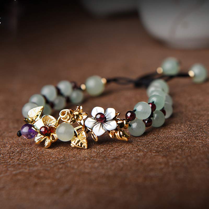 Mocoer Green Aventurine Garnet Bead Flower Petal Luck Bracelet - Mocoer