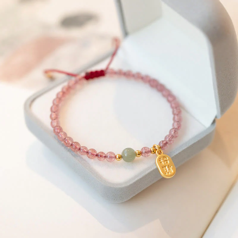 Mocoer Natural Strawberry Quartz Garnet Jade Lucky Fortune Fu Character Healing Charm Bracelet - Mocoer