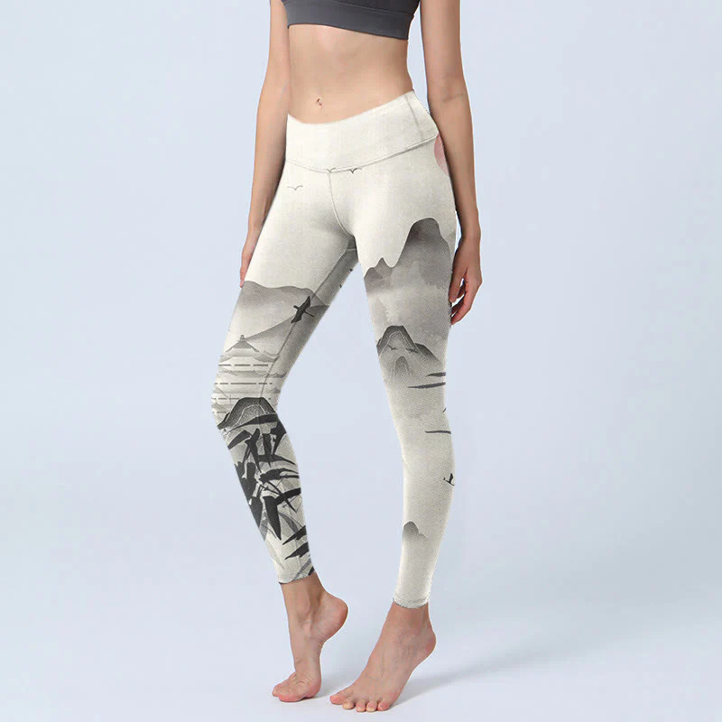 Mocoer Ink Bamboo Mountains Print Gym Leggings Women's Yoga Pants - Mocoer