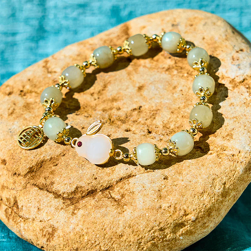 Mocoer Natural Hetian Jade Fu Character Fu Brand Rabbit Abundance Bracelet - Mocoer