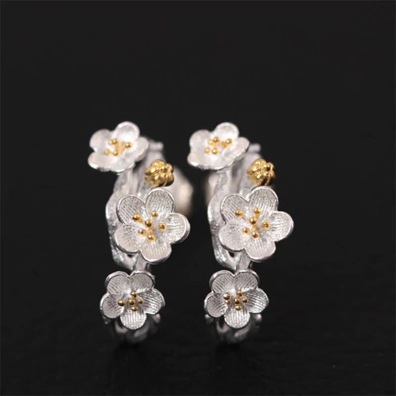 Mocoer 925 Sterling Silver Plum Blossom Floral Blessing Earrings - Mocoer