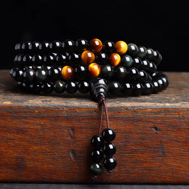 Mocoer 108 Mala Beads Black Obsidian lce Obsidian Fulfilment Bracelet - Mocoer