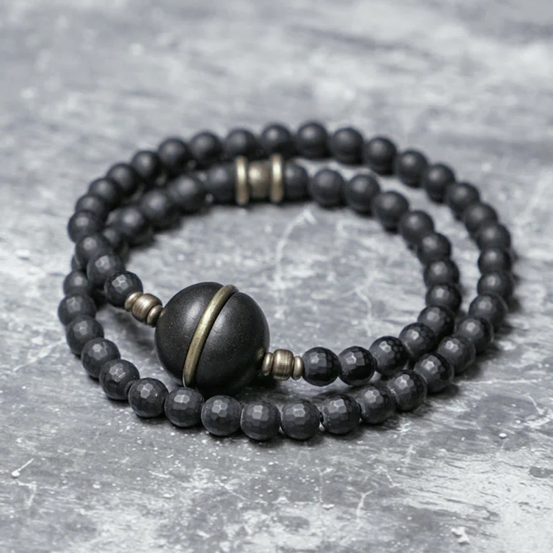 Mocoer Frosted Cut Surface Black Onyx Ebony Beads Double Wrap Protection Bracelet - Mocoer