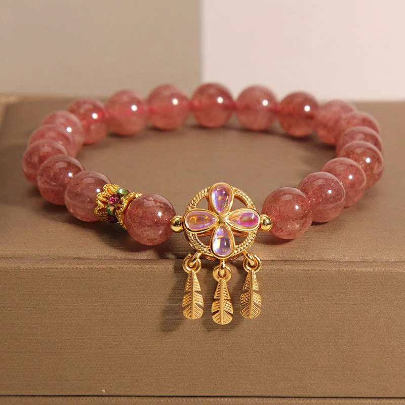Mocoer Natural Strawberry Quartz Four Leaf Clover Dreamcatcher Charm Love Bracelet - Mocoer