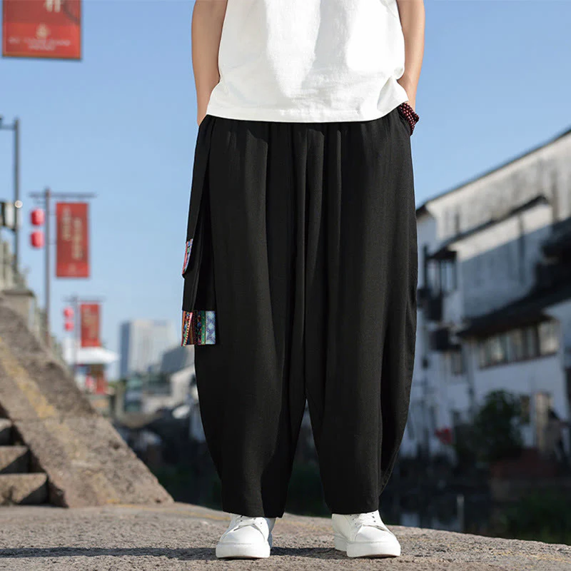 Mocoer Simple Patchwork Design Drawstring Cotton Men's Wide Leg Pants With Pockets - Mocoer