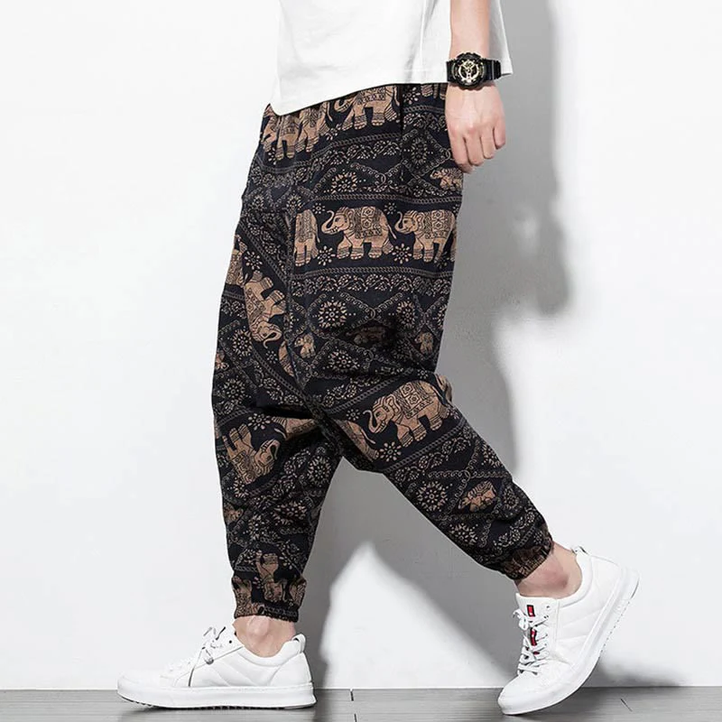 Mocoer Elephant Brown Black Print Cotton Men's Long Cropped Harem Pants With Pockets - Mocoer