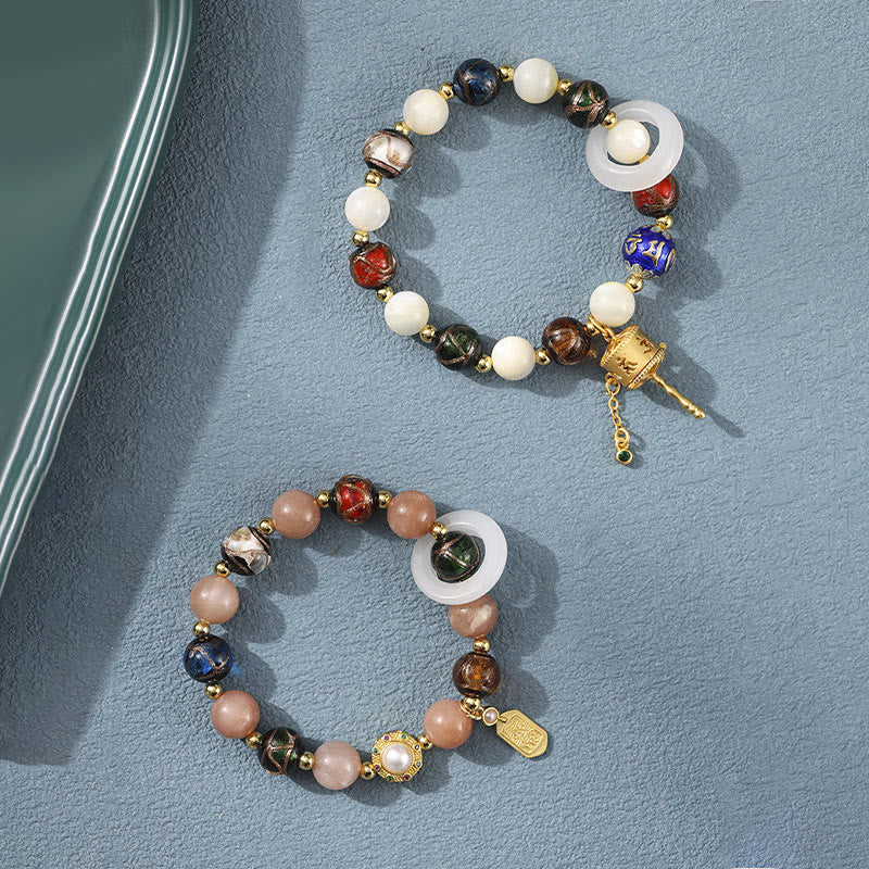 Mocoer Tibetan Incense Ash Liuli Glass Tridacna Stone Sun Stone Om Mani Padme Hum Prayer Wheel Charm Bracelet - Mocoer