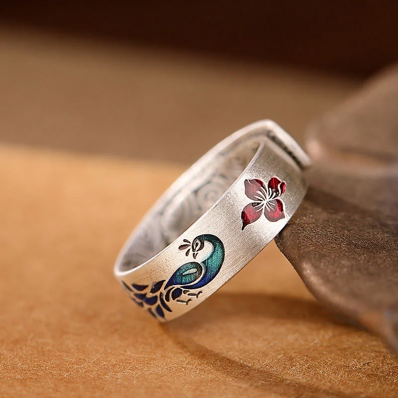 Mocoer 999 Sterling Silver Peacock Auspicious Clouds Engraved Lotus Flower Fortune Ring - Mocoer