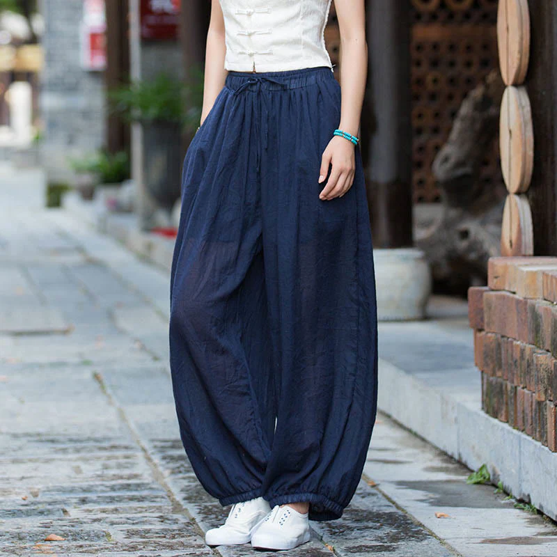 Mocoer Summer Plain Color Linen Drawstring Pants With Pockets - Mocoer