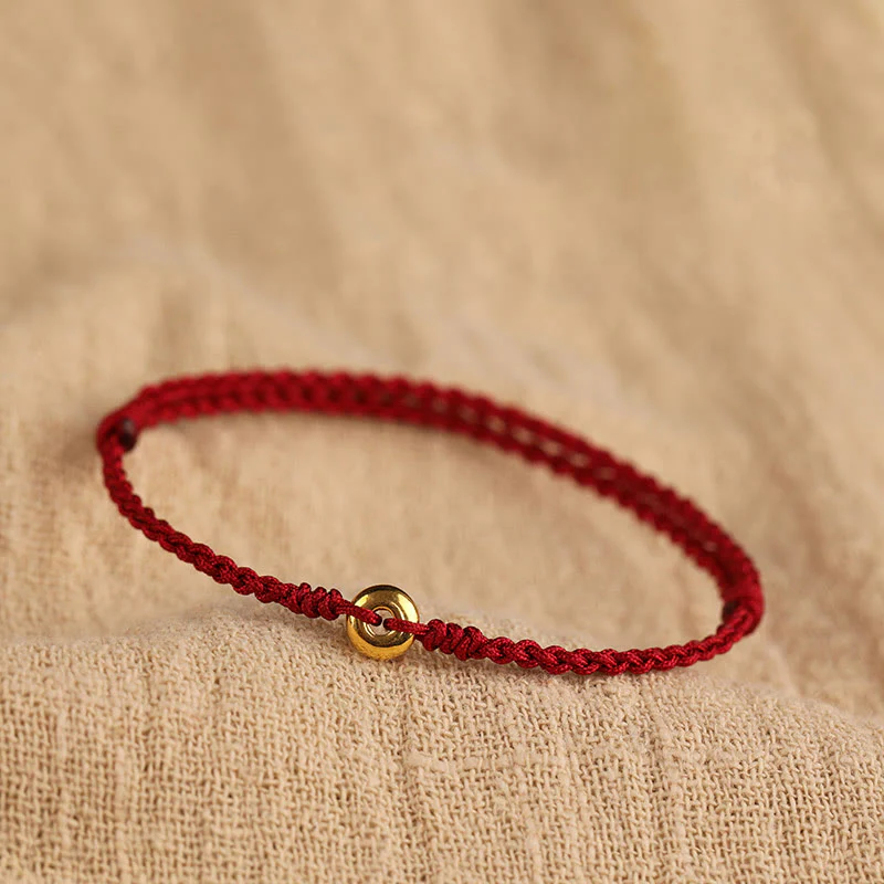 Mocoer 999 Gold Small Peace Buckle Red String Protection Luck Braided Bracelet Anklet - Mocoer