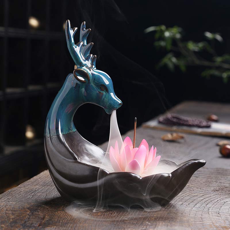 Mocoer Little Deer Ceramic Lotus Meditation Incense Burner Decoration - Mocoer