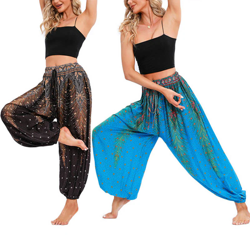 Mocoer Peacock Feather Pattern Loose Harem Trousers Women's Yoga Pants - Mocoer
