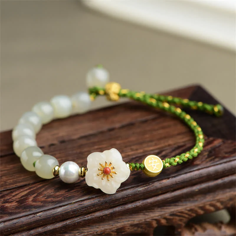 Mocoer 925 Sterling Silver Natural Hetian Jade Peach Blossom Luck Bracelet - Mocoer