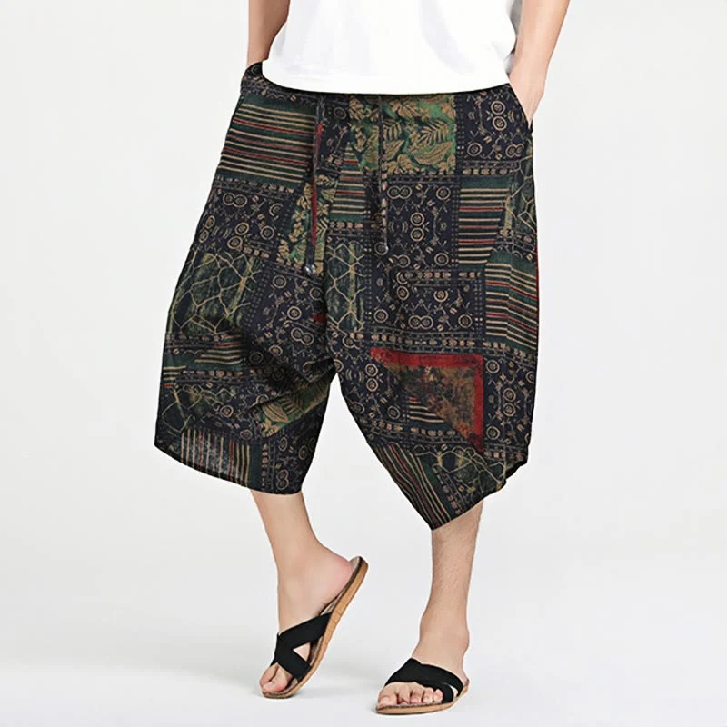 Mocoer Ethnic Pattern Drawstring 7-8 Length Cotton Men's Harem Pants With Pockets - Mocoer