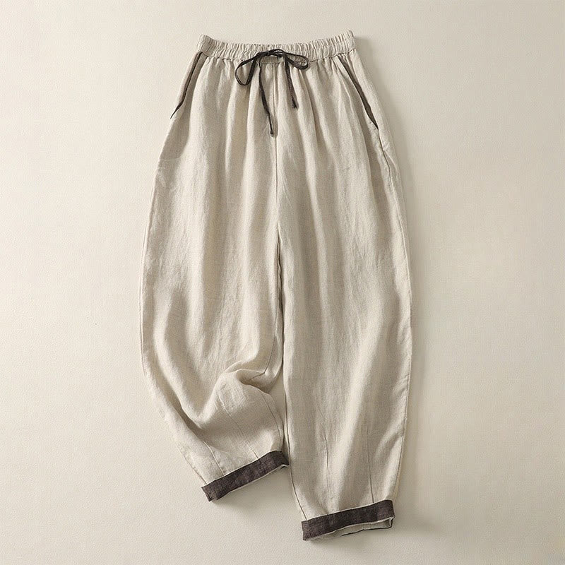 Mocoer Summer Casual Pure Color Drawstring 9 Length Cotton Linen Women's Harem Pants With Pockets - Mocoer